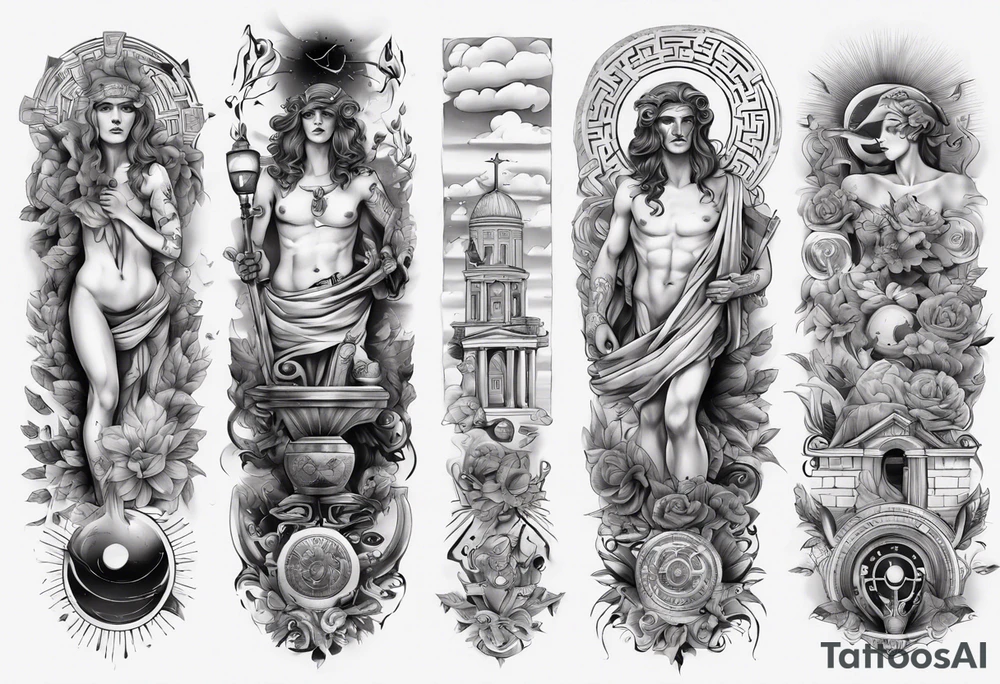 greek arm sleeve tattoo idea