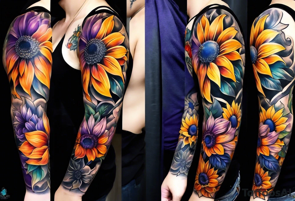 Full arm sleeve with purple, orange and blue sunflowers tattoo idea