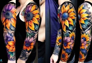 Full arm sleeve with purple, orange and blue sunflowers tattoo idea