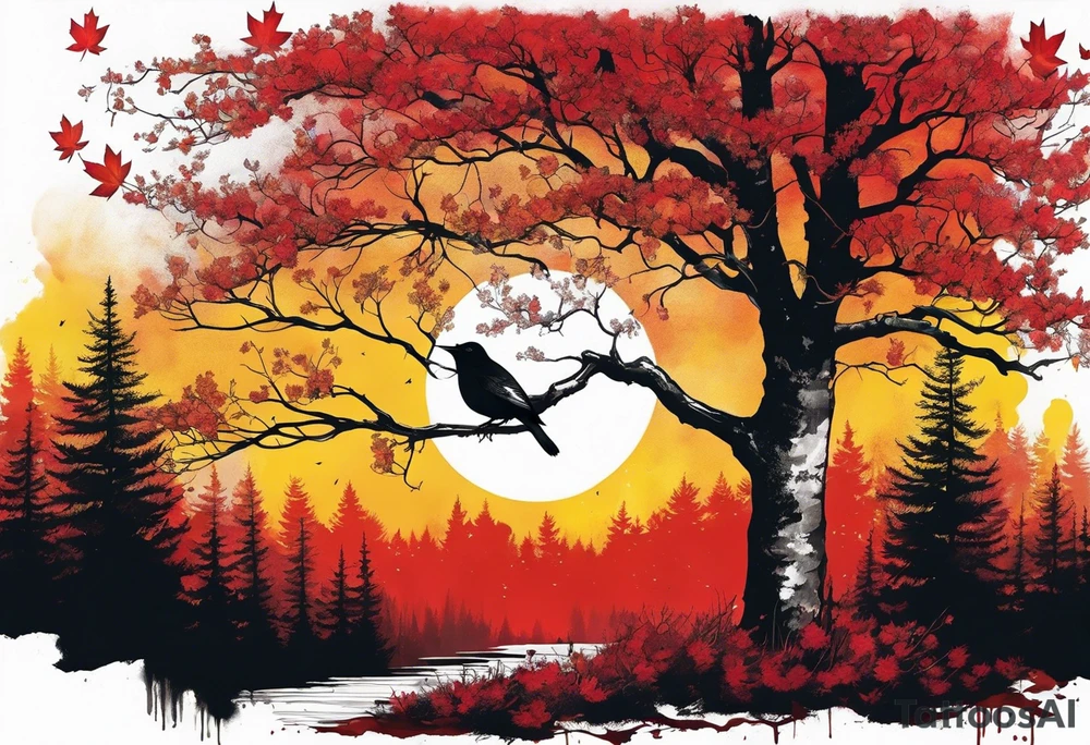 trash polka style. Arm tattoo. chest tattoo. Long tattoo. large tattoo. Full sleeve. Shoulder. A single large maple tree with red autumn leaves that branches upwards from wrist to shoulder. White-throated dipper bird on the trees branches. Calluna flowers at the base of the trees stem. Tree stem has dark colors. Red/yellow sunset behind the trees stem. Leaves falling. tattoo idea