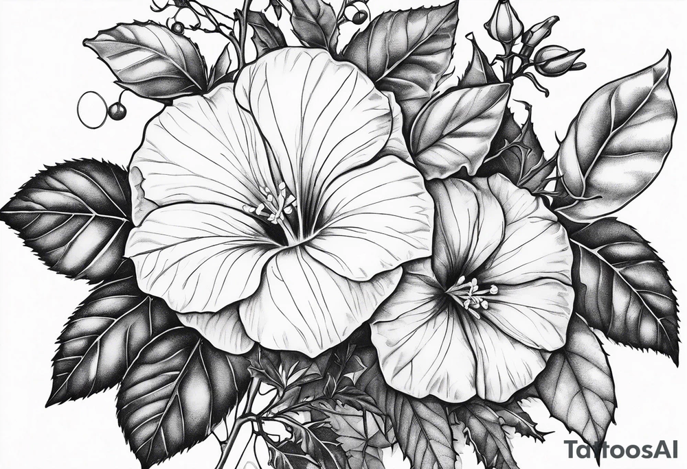 Bouquet of morning glories and holly tattoo idea
