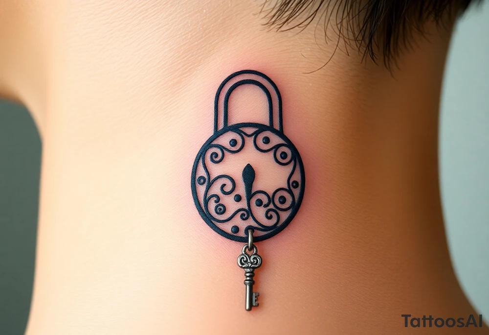 An open silver lock with swirling floral engravings, with a matching silver key hanging from a delicate chain tattoo idea