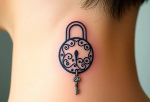 An open silver lock with swirling floral engravings, with a matching silver key hanging from a delicate chain tattoo idea