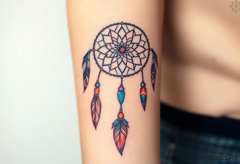native dreamcatcher with flowing feathers and sacred beads tattoo idea