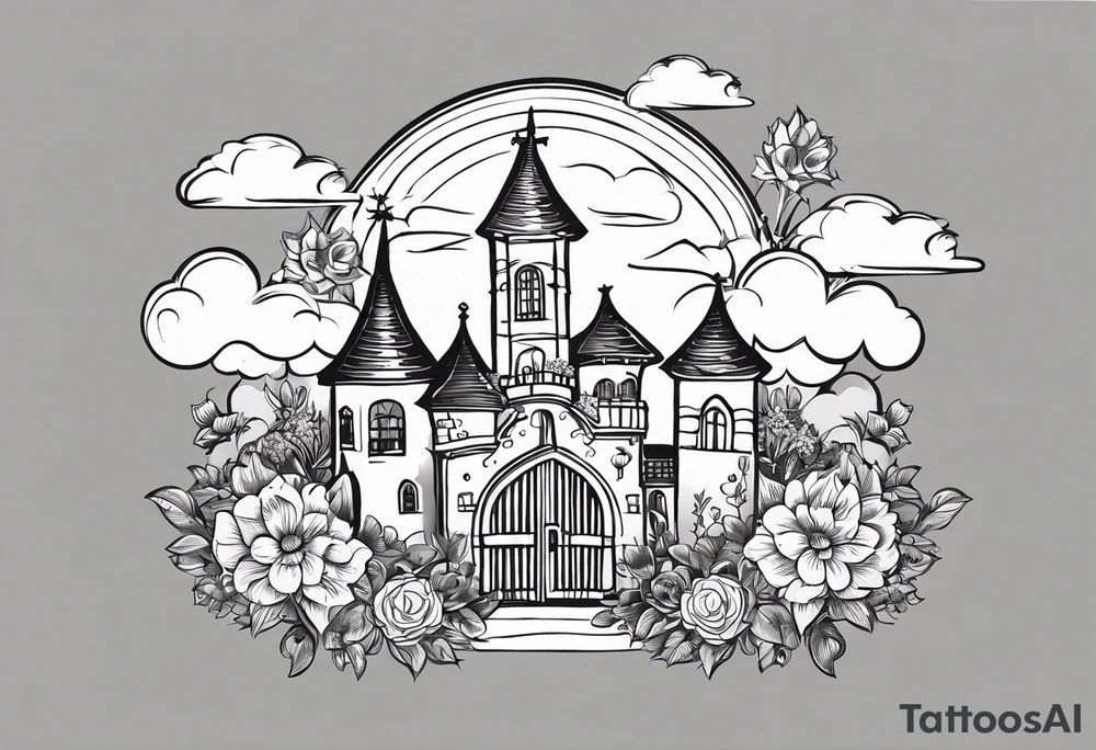 sacred medieval town houses open gate towers garden circle vignette surrounded by clouds floral tattoo idea