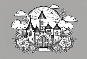 sacred medieval town houses open gate towers garden circle vignette surrounded by clouds floral tattoo idea