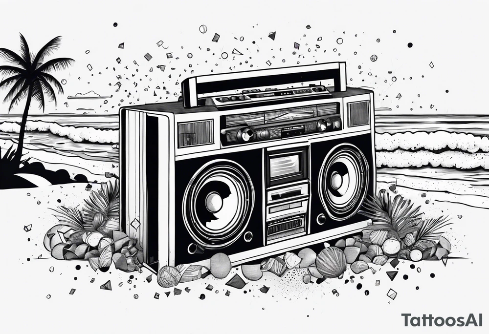1980's style dance party with boom box and confetti in a beach theme. do not include cars tattoo idea
