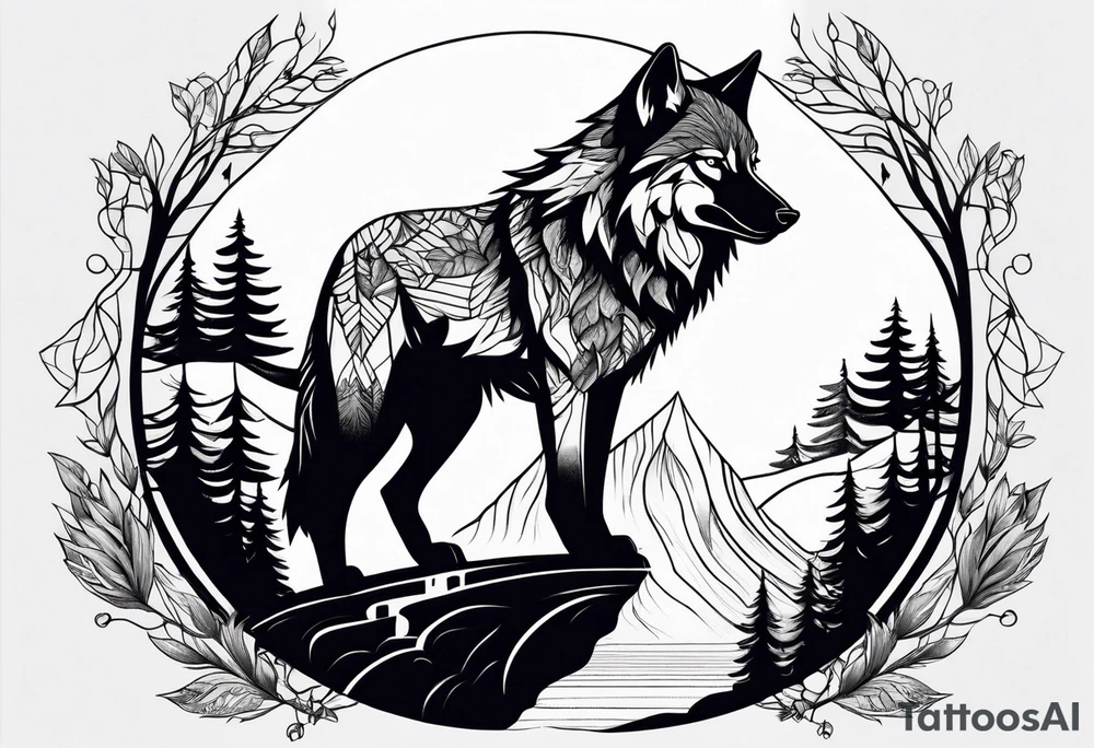 Wolf with waterfall and nature tattoo idea