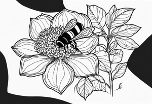 3 in by 2 in minimalist tattoo for forearm of a Hydrangea and bee not touching tattoo idea