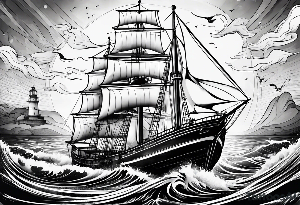 phare maritime dans un bateau a voiles vu du devant. tattoo idea