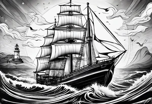 phare maritime dans un bateau a voiles vu du devant. tattoo idea