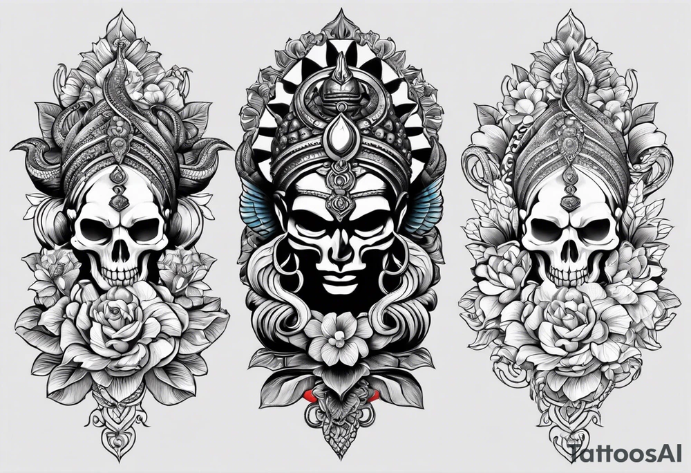 5. A combination of skulls and flowers on the upper arm, with Mahadev's face on the forearm, and a serpent or snake (representing rebirth) wrapping around the arm. shree lord shankar in between, and upper side skull with snakes tattoo idea