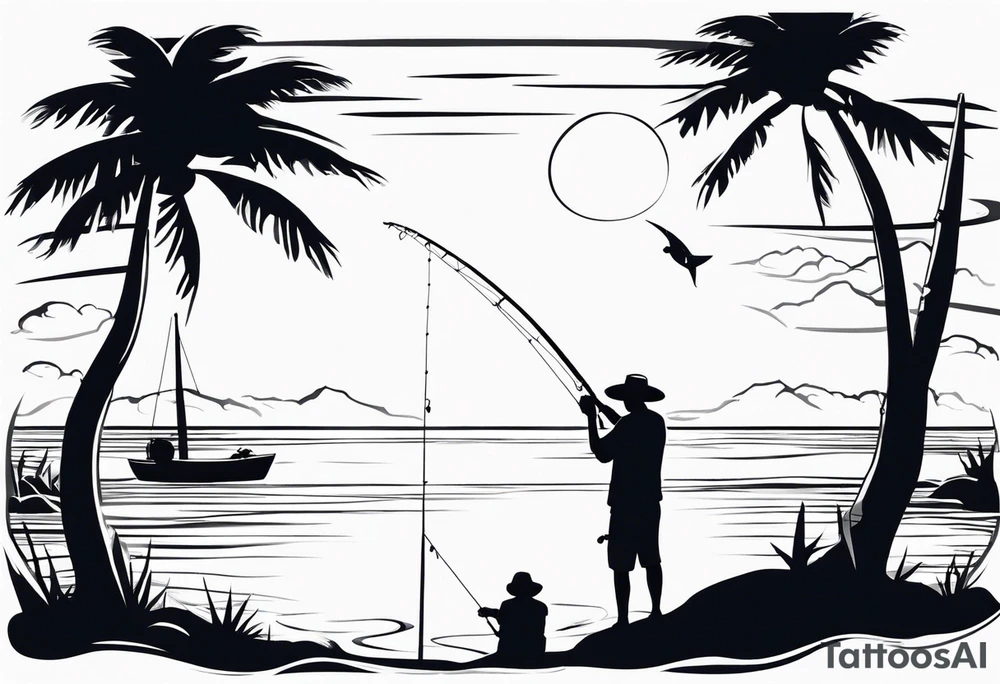 man fishing on a beach silhouette tattoo idea