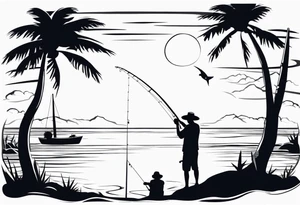 man fishing on a beach silhouette tattoo idea