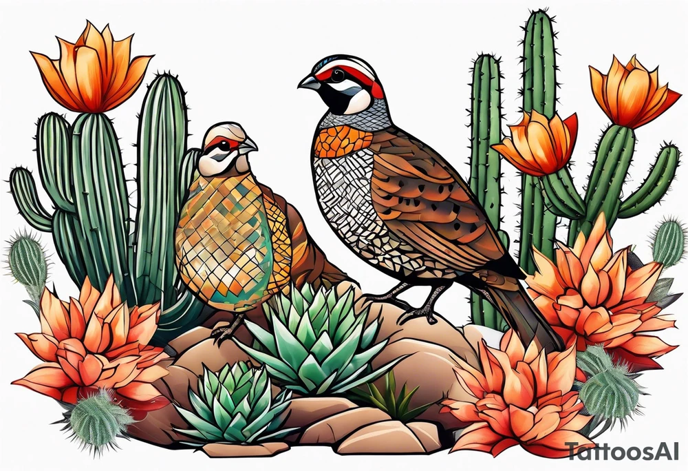 Three quails, desert flowers, cactus, ocotillo, forearm tattoo idea