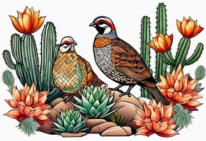 Three quails, desert flowers, cactus, ocotillo, forearm tattoo idea