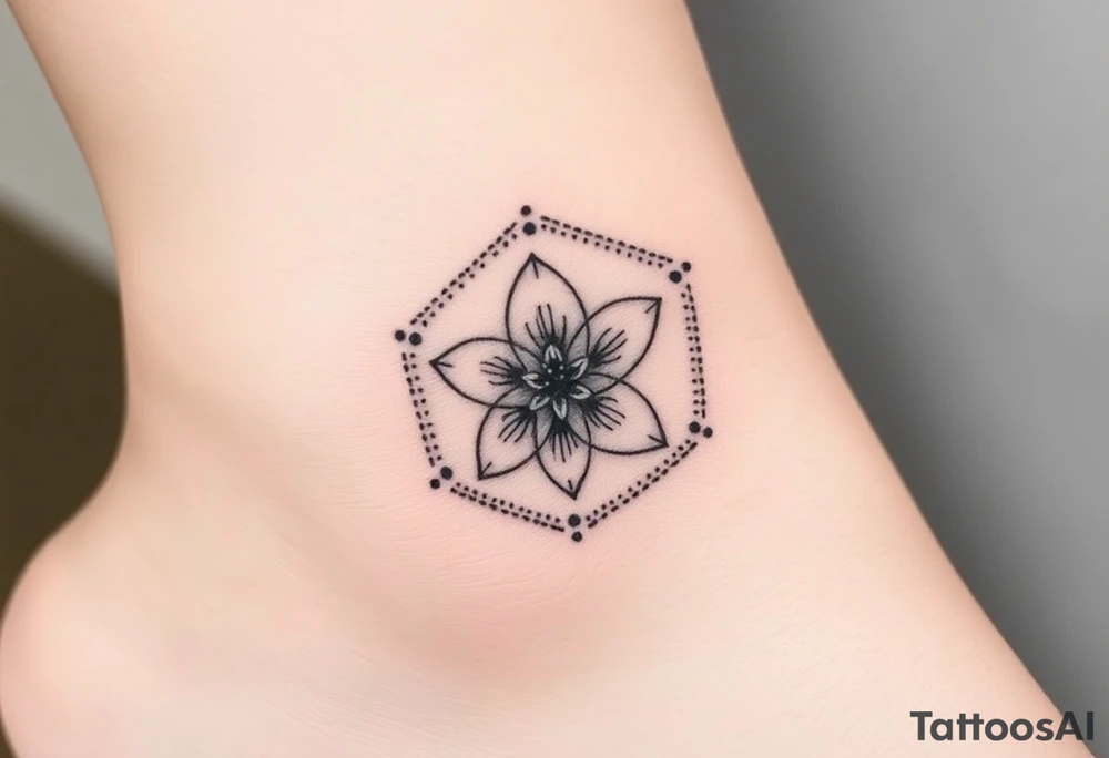 Hexagon with a Leo larkspur and water lilies in the center tattoo idea