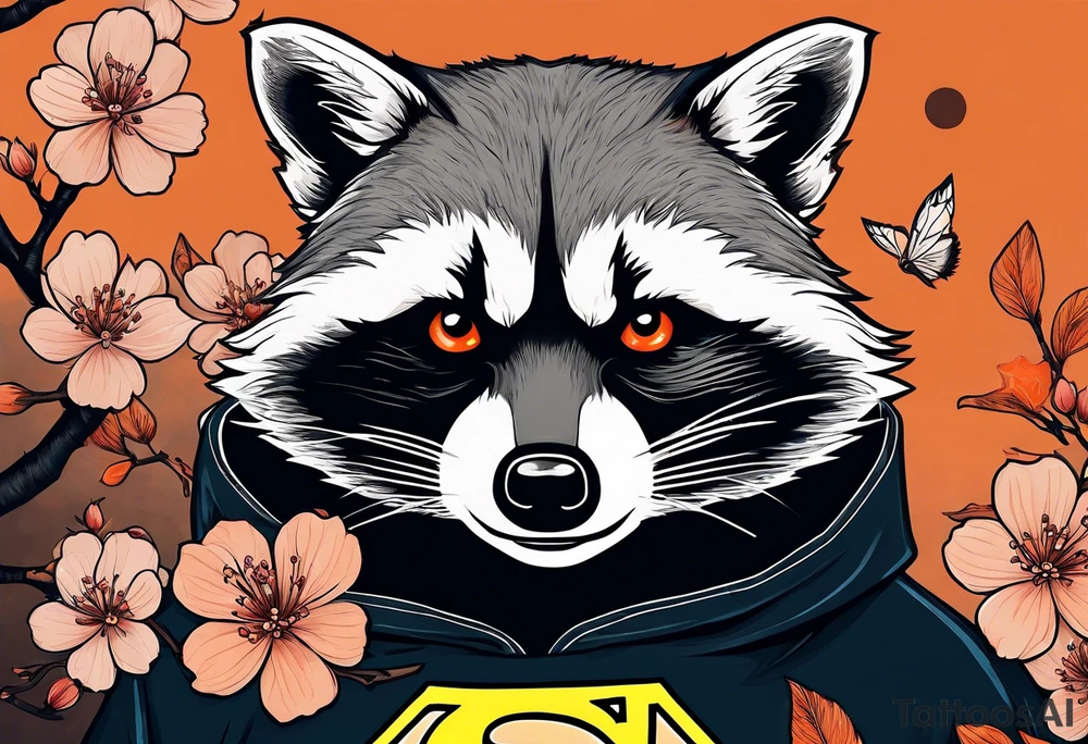 Raccoon wearing a white Superman logo on a black hoodie and orange Japanese cherry blossoms beside tattoo idea
