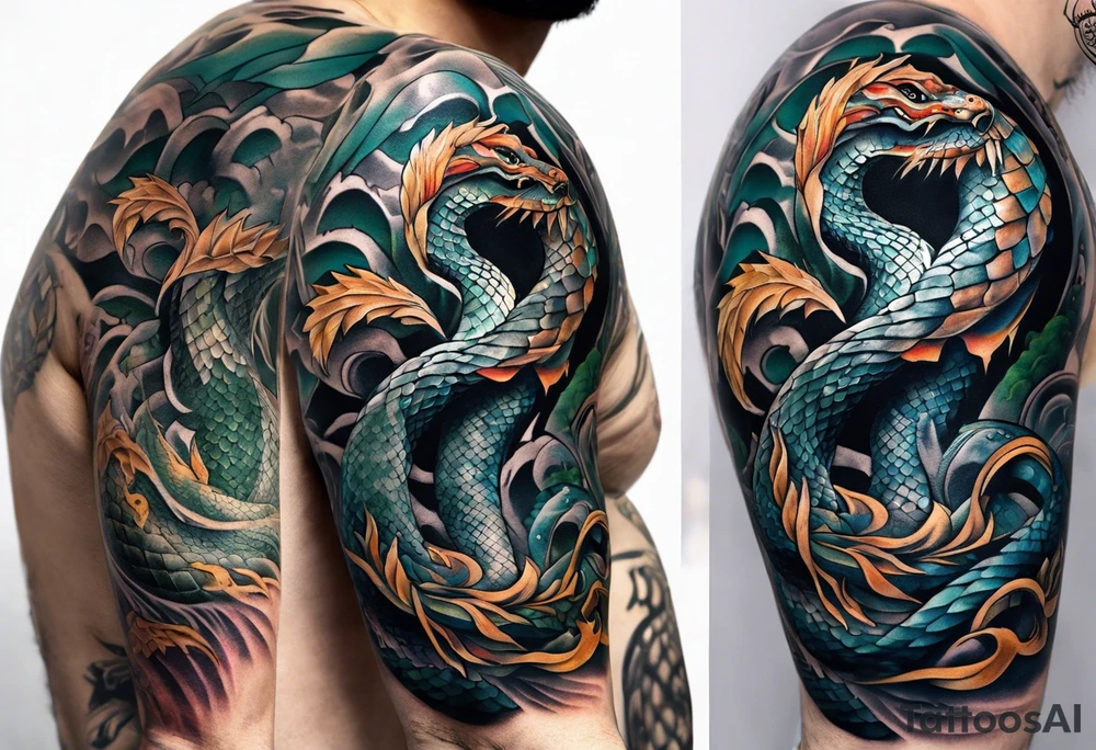a Sleeve tattoo of Jörmungandr, the giant snake from god of war the game going from shoulder to bicep tattoo idea