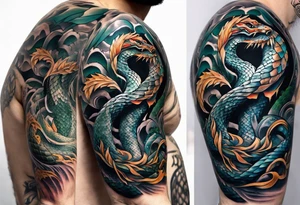 a Sleeve tattoo of Jörmungandr, the giant snake from god of war the game going from shoulder to bicep tattoo idea