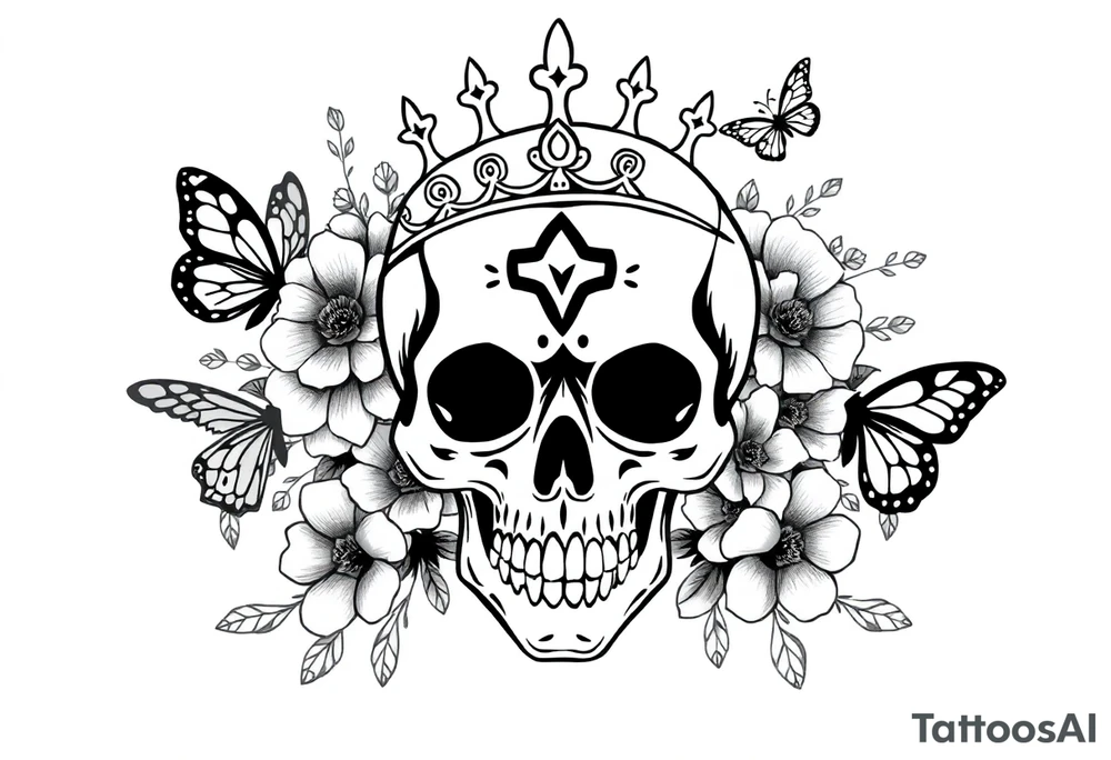 ornate skull adorned with gothic crown surrounded by boho flowers and butterflies tattoo idea