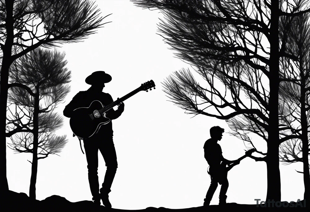 silhouette of a man standing under a pine tree playing electric guitar tattoo idea