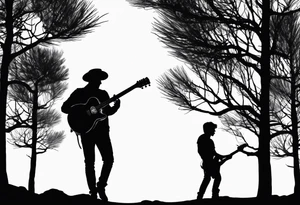 silhouette of a man standing under a pine tree playing electric guitar tattoo idea