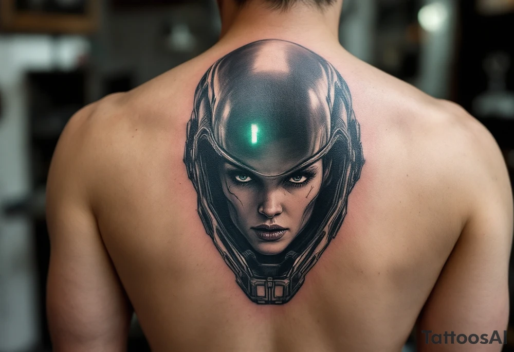 Ripley’s face reflected in the helmet of a Xenomorph, with sharp contrast, muted dark grays, and a glow of eerie green light. tattoo idea