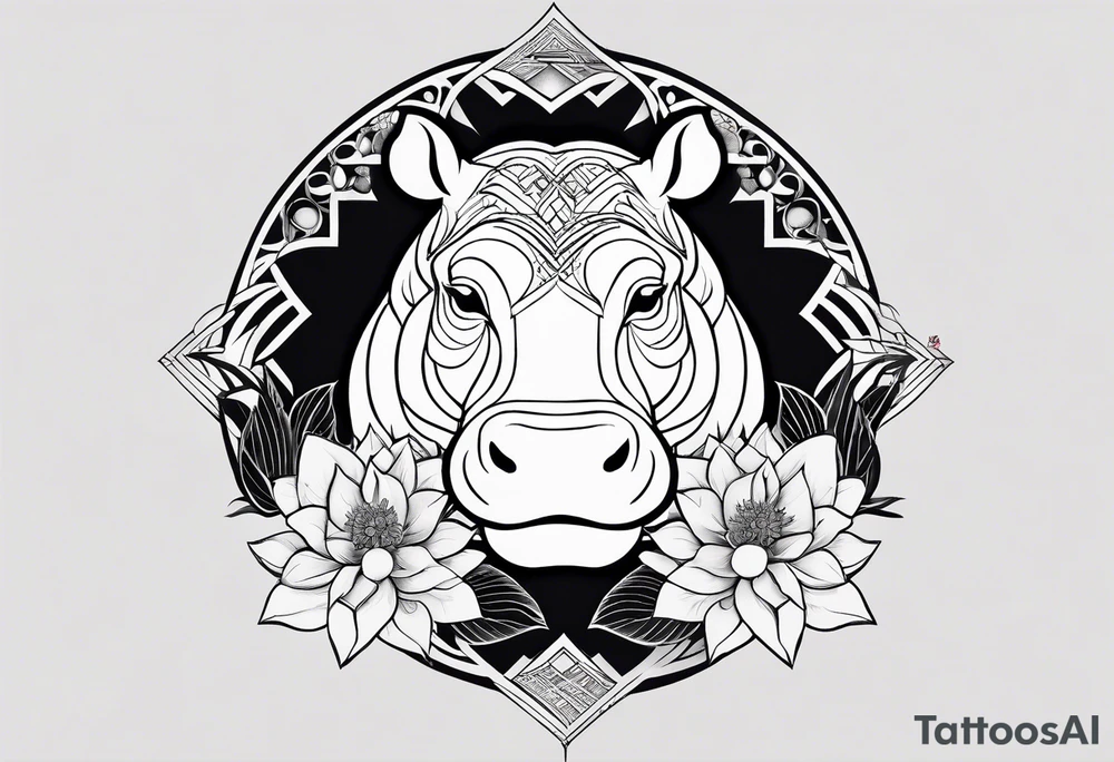 Very asymmetrical, +geometric pattern, with realistic full moon, with seeious looking hippo, +zen feel, + Buddhism touch, +tribal, +geometric
with wintersweet flower bud, +portrait orientation, +inkart touch, tattoo idea