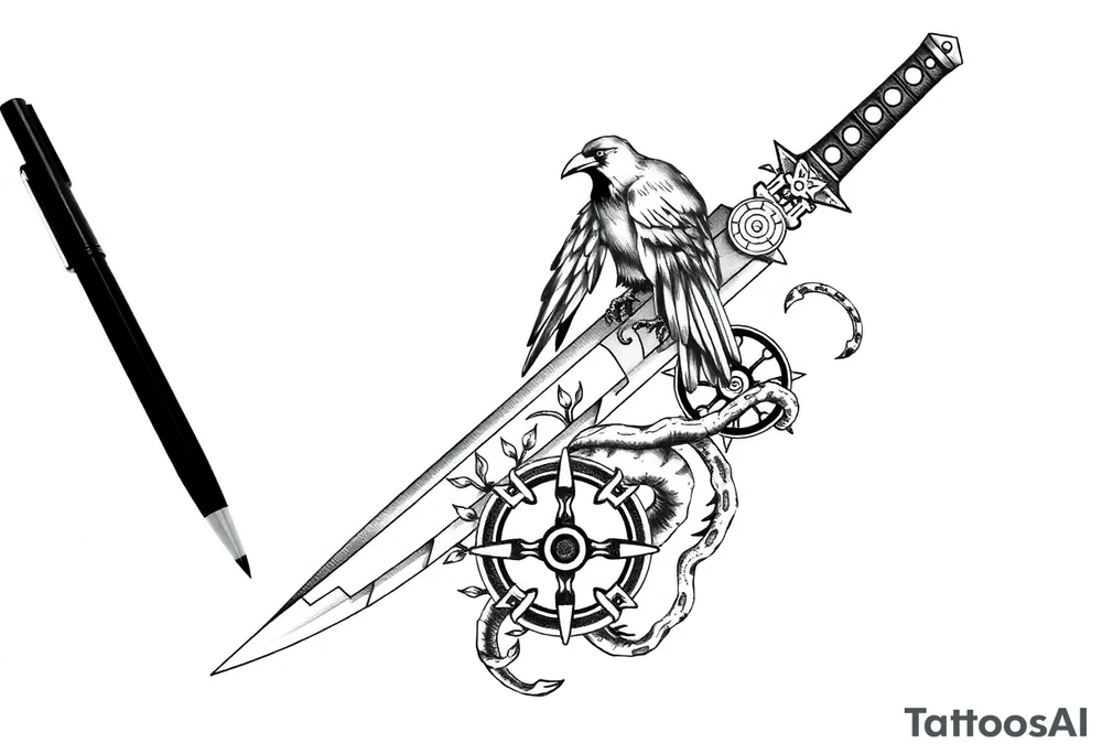 Kunai blade with crow, snake, Uchiha emblem and Akatsuki cloud from Naruto tattoo idea