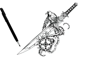 Kunai blade with crow, snake, Uchiha emblem and Akatsuki cloud from Naruto tattoo idea