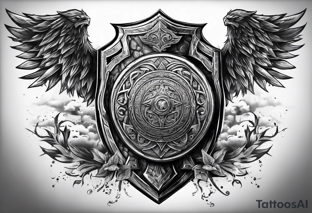 Valhalla sword shield axe mist tattoo idea