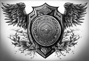 Valhalla sword shield axe mist tattoo idea