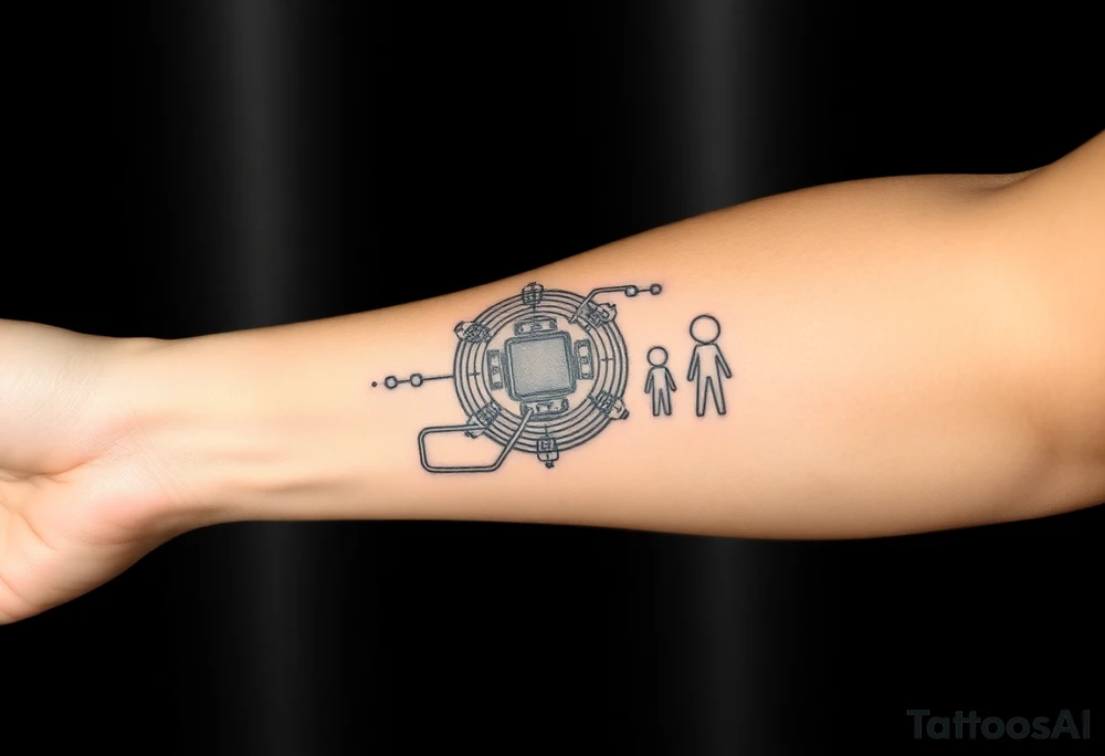 Bio-Mechanical internal computer, binary code, symbolism for 6 kids, 5 boys and youngest is a girl tattoo idea