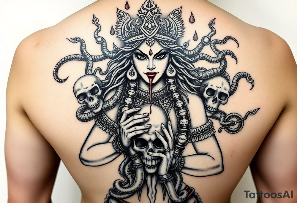 Mythological Chhinnamasta in dramatic tattoo style — nude goddess, fierce eyes, holding severed head, jets of blood. Attendants beside her drink the blood. Garlands of skulls, serpents around arms. Symbolizes self-sacrifice, duality, transformation. Epic composition, Hindu-inspired tattoo, high detail. tattoo idea
