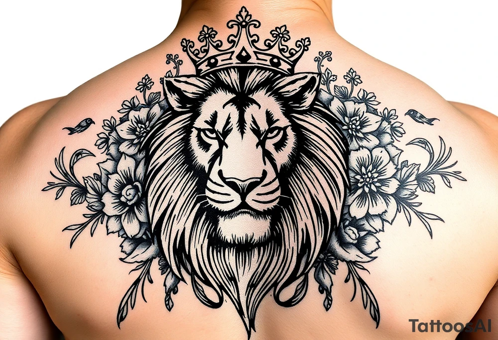 powerful majestic lion with a crown, surrounded by floral ornaments and birds tattoo idea