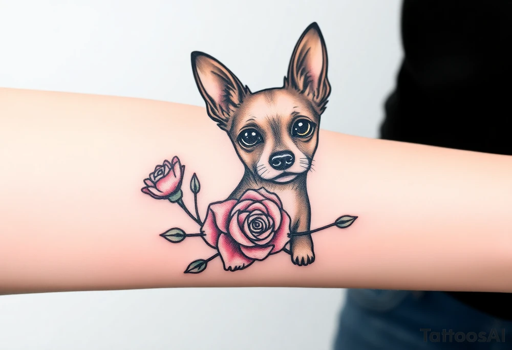 Cute female Brindle dog with the name kiwi . And a tiny rose around her . With her ears pointy a little big tattoo idea