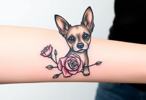 Cute female Brindle dog with the name kiwi . And a tiny rose around her . With her ears pointy a little big tattoo idea