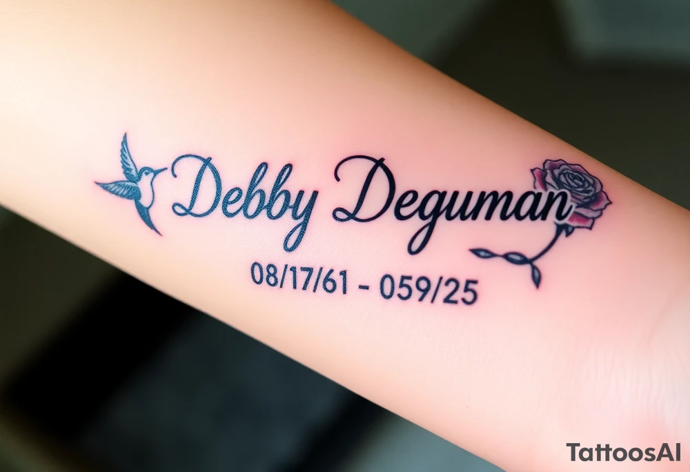 Tattoo of the exact name Debby Deguzman in chunky curly cursive with the exact dates of 08/17/61-05/29/25 surrounded by 1 hummingbird and 1 rose tattoo idea