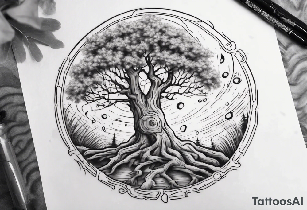 Small spring beside a oka tree plus sun in the tree trunk tattoo idea