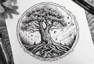 Small spring beside a oka tree plus sun in the tree trunk tattoo idea