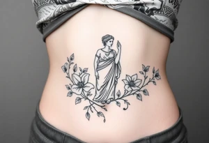 large tattoo that includes greek themed scenery and a greek goddess and also features lily flowers and dainty vines tattoo idea