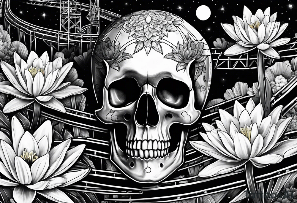 skull, roller coaster track, water lily, daffodil, space and stars, roller coaster track tattoo idea