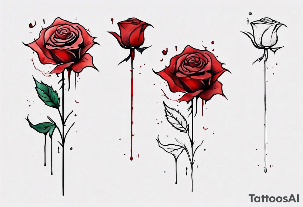 rose flower, one line, red blood dripping from the flower, tall, watercolor, with a T
placed in the stem tattoo idea