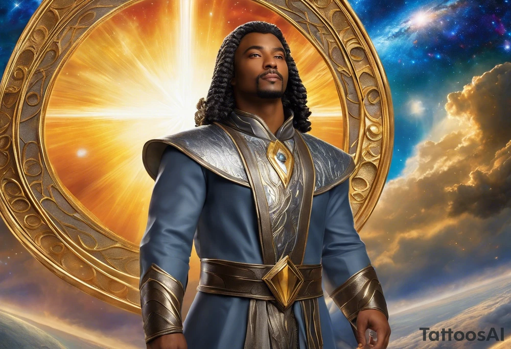 Jehovah looking out at the marvels of his creation from the atoms to the galaxy and celestial beings. With grey wash and a fantasy theme. Jehovah has to be a character who is so majestic, charismatic, immensely powerful. There isnt a single thing he isnt capable of doing. Infinitely powerful forward facing. Without the pagan styled attire and without the pagan symbols etceterashirtless, large muscular athletic physique, deep muscle definition tattoo idea