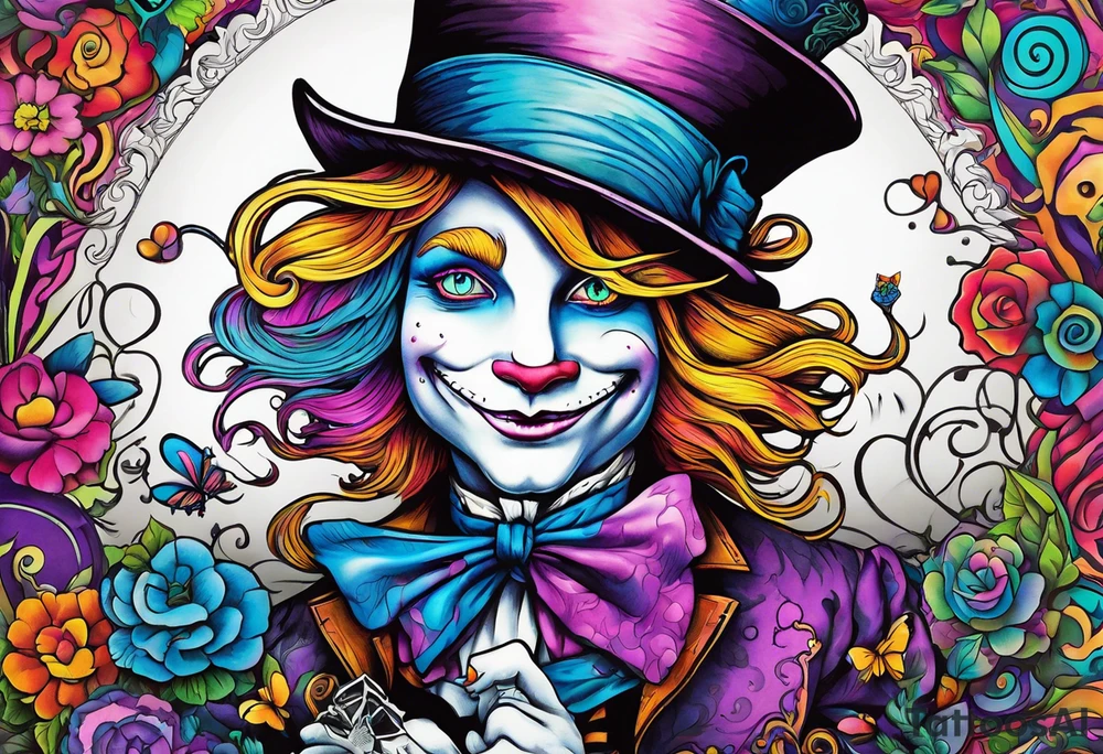 Alice in wonderland themed very colorful with mad hatter and Cheshire Cat psychedelic vibe tattoo idea