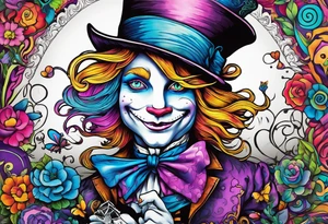 Alice in wonderland themed very colorful with mad hatter and Cheshire Cat psychedelic vibe tattoo idea