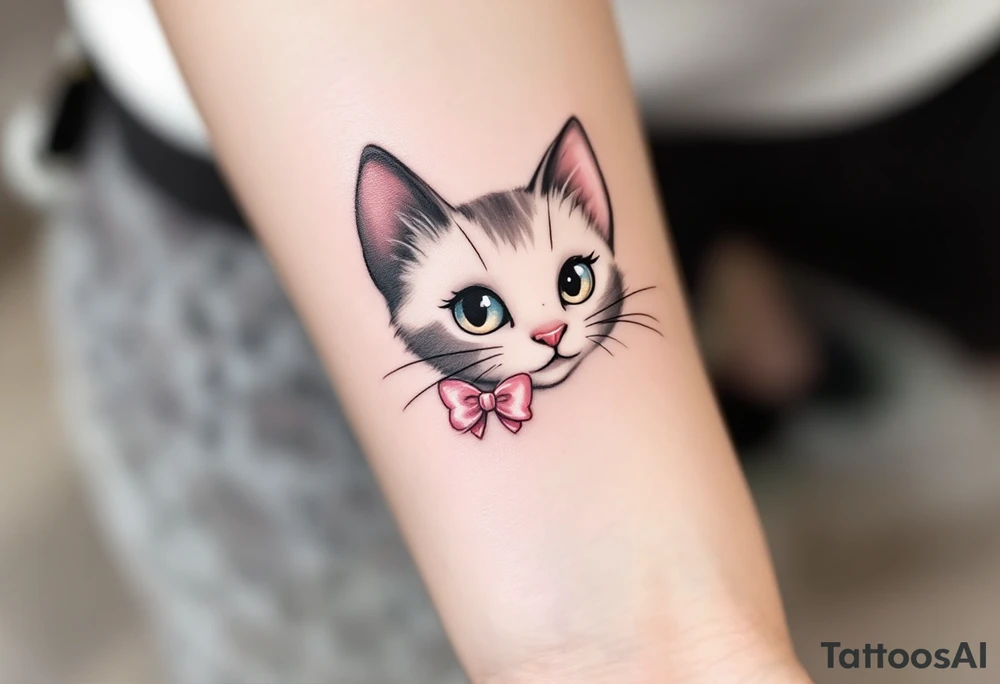 This cute cat tattoo of Marie with two pink bows in soft whites and pinks is a must for any The Aristocats fan. tattoo idea