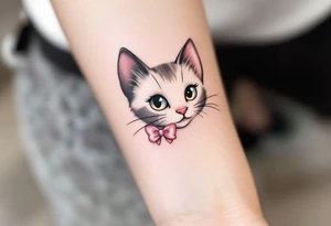 This cute cat tattoo of Marie with two pink bows in soft whites and pinks is a must for any The Aristocats fan. tattoo idea