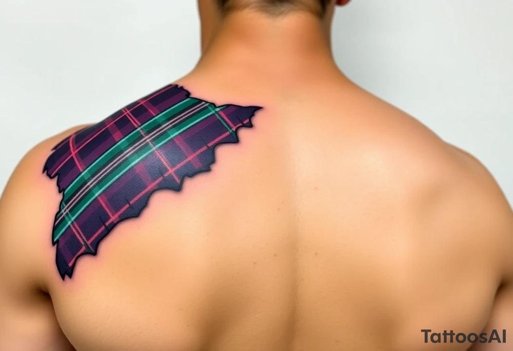 Side of arm Dark Purple with green pink blue and white highlights tartan fabric with skin peeling away at edges tattoo idea